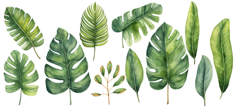 watercolor drawing, set of tropical palm leaves, monstera. tropical forests, clipart