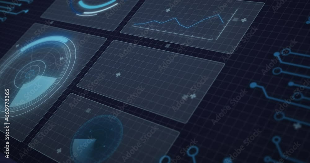 Poster animation of radars, graphs, loading circles, circuit board pattern and computer language