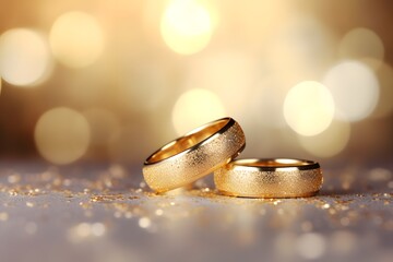 Two gold wedding ring on bokeh background. - obrazy, fototapety, plakaty