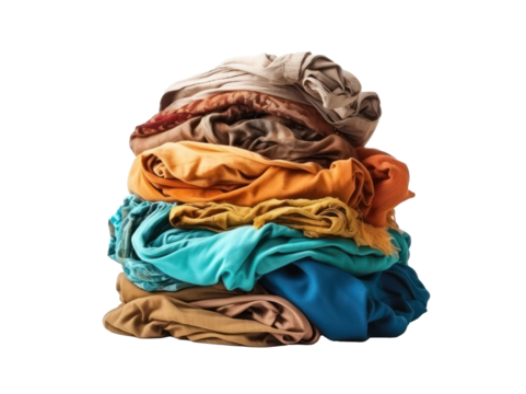 Pile of colorful clothes isolated on white transparent background. PNG. Laundry, washing service