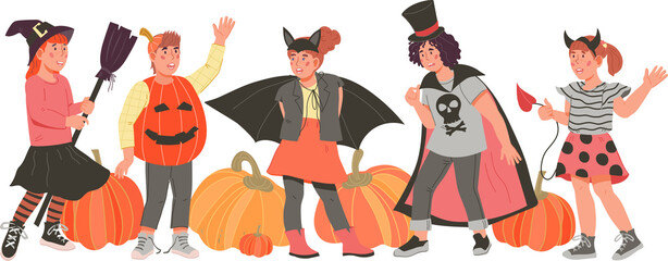 Naklejka premium Children dressed in Halloween fancy costumes to go trick or treating and celebrate Halloween party standing with pumpkins.