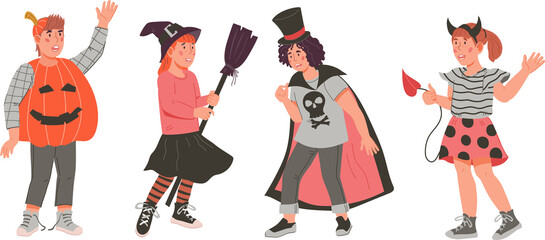 Cute kids in Halloween costumes. Children dressed as witches, Dracula and pumpkin for Halloween party.