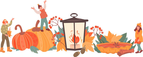 Autumn season background with children playing among pumpkins and yellow leaves, flat illustration. Backdrop for kids autumn sales and festive events.