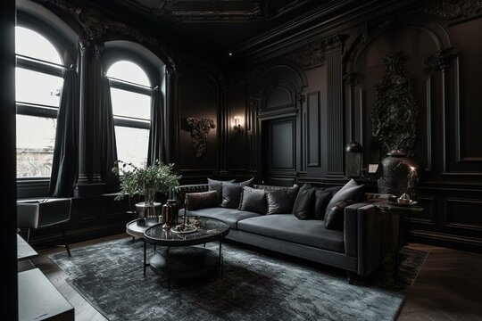 Luxurious gothic-style living room with a black and dark design. Generative AI