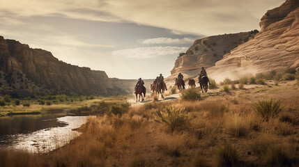 Four cowboys ride horses in a karst landscape
