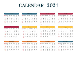 Calendar 2024 template vector, simple minimal design, Planner 2024 year, Wall calendar 2024 year, New year 2024,  Week Starts sunday, Set of 12 calendar, advertisement, printing, stationery, organizer