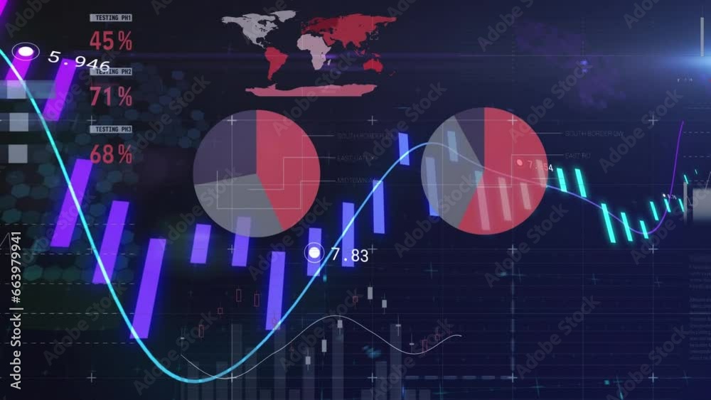 Poster animation of graph with changing numbers with infographic interface over black background