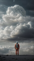 an astronaut in the desert under the clouds