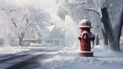 Foto op Aluminium Enhanced winter wonderland, Vibrant house with red fire hydrant amidst snowy landscape © NE97