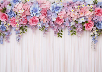 mix pastel colorful flowers arrange on top frame, wedding ceremony scene background, curtain decoration on wall