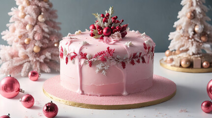 Obraz na płótnie Canvas Christmas cake decorated with cranberries and Christmas tree branches, Christmas sweets, Christmas decorations, pink shades, trendy colors