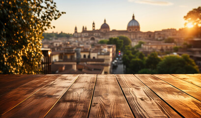 Rome's allure: A wooden tabletop with a charming blurred background of the historic city. - obrazy, fototapety, plakaty