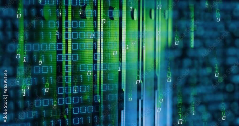 Poster animation of falling binary codes over data server racks in server room