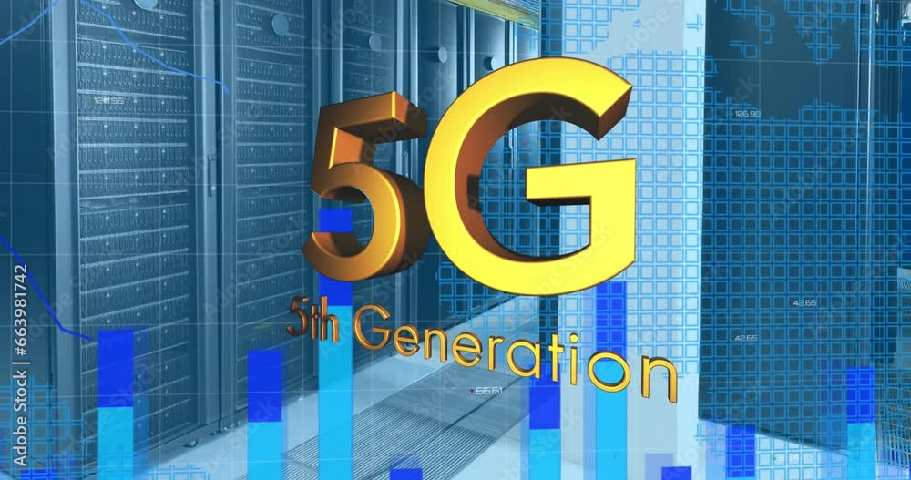 Poster animation of 5g, 5th generation text with graphs, changing numbers, map over data server room