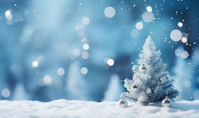 Banner with snow and Christmas decorations on light blue blurred background, empty space for inserting text or logos, holiday theme