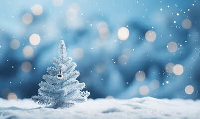 Banner with snow and Christmas decorations on light blue blurred background, empty space for inserting text or logos, holiday theme