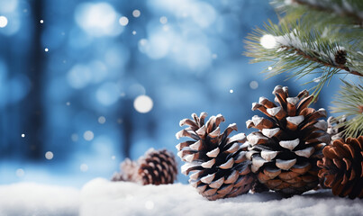 Obraz na płótnie Canvas Banner with falling snow and pine branches and pine cones on light blue blurred background, empty space for inserting text or logos, holiday theme