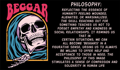 Retro design t shirt with A skull reaching out its hand with the slogan beggar street art style, for streetwear and urban style t-shirt design, hoodies, etc