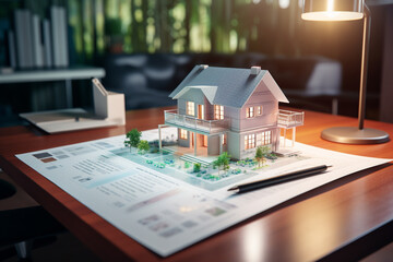 realistic photo of a concept holo 3d render model of a small living house on a table in a real estate agency. signing mortgage contract document and demonstrating. futuristic business - obrazy, fototapety, plakaty