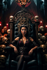 Obraz na płótnie Canvas A provocative vampire woman sitting on a throne made of skulls. Halloween Concept. Generative Ai