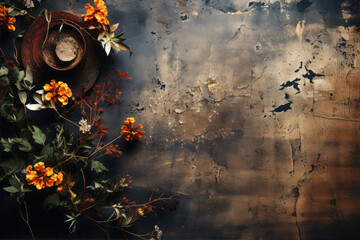 Aged Concrete Wall Texture Background, Rustic Herbal Assortment with Copy Space, Aromatic Herbal Drink in Vintage Cup