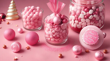 Christmas sweets, marshmallows, candies and lollipops, pink shades, trendy color