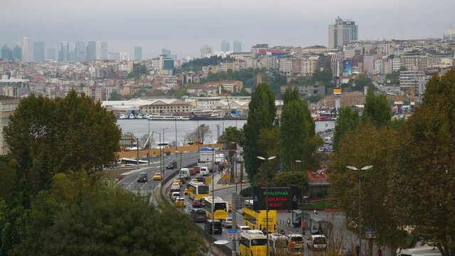 cloudy day istanbul cityscape central district traffic bridge bay street road slow motion panorama 4k turkey