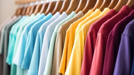 Obraz premium Generative AI, Colorful t-shirts on hangers, apparel background, print on demand concept, cloth store 