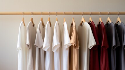 Generative AI, Colorful t-shirts on hangers, apparel background, print on demand concept, cloth store
