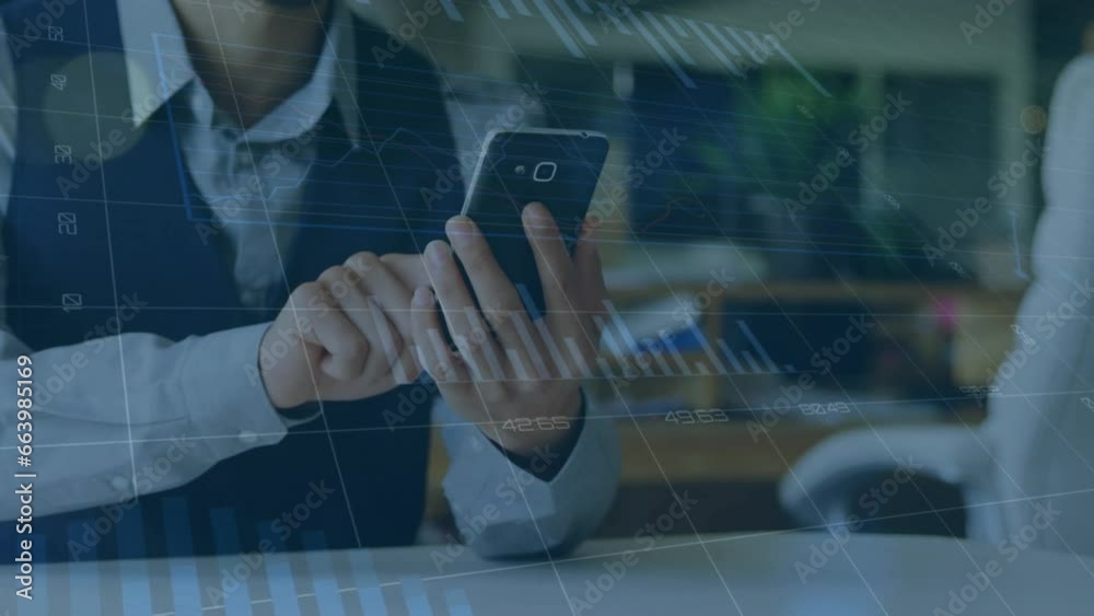 Poster animation of multiple graphs and loading circles, midsection of caucasian man scrolling on cellphone