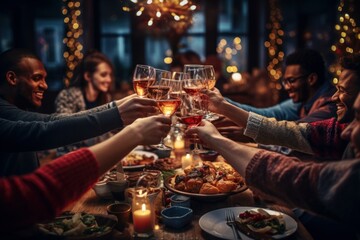 Happy group of friends of different ethnicities toasting and celebrating Chistmas or new year together. - obrazy, fototapety, plakaty