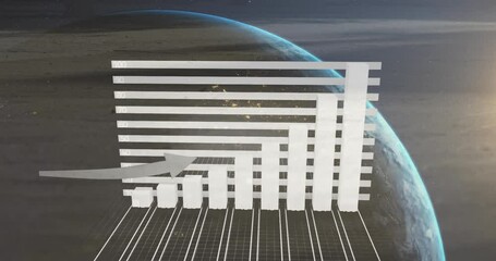 Animation of arrow on bar graphs over rotating globe against space - Powered by Adobe