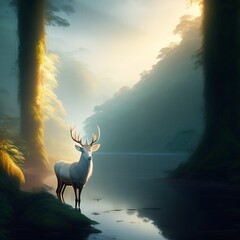 Magical White Stag in the distance, amazon rainforest, cold light, 4K, character concept art, oil painting, digital painting, painterly, cinematic lighting, rule of thirds, trending in artstation, cgs