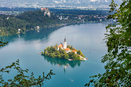 Bled, Slovenia - Aerial view of beautiful Lake Bled (Blejsko Jezero) with the Pilgrimage Church of the Assumption of Maria