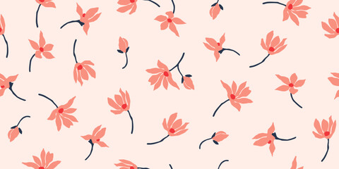 Hand drawn flowers, seamless patterns with floral for fabric, textiles, clothing, wrapping paper, cover, banner, interior decor, abstract backgrounds. Vector illustration.