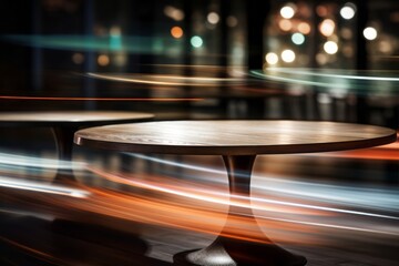 Warm toned wooden table against blurred city lights, an inviting display space with an urban evening ambiance.