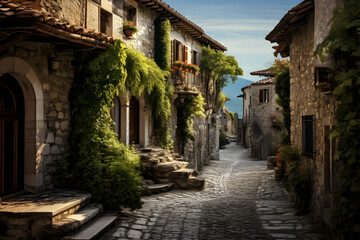 Historic European village characterized by ancient stone houses and cobblestone streets