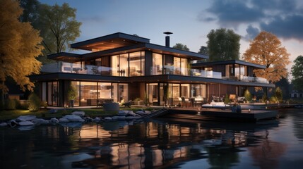3d rendering of modern house by the river at evening, house, luxury, villa, modern, architecture, building, exterior, residential, property, designer