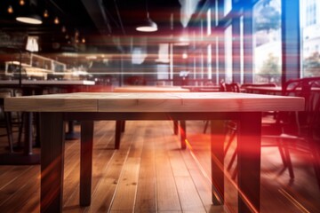 Warm toned wooden table against blurred city lights, an inviting display space with an urban evening ambiance.