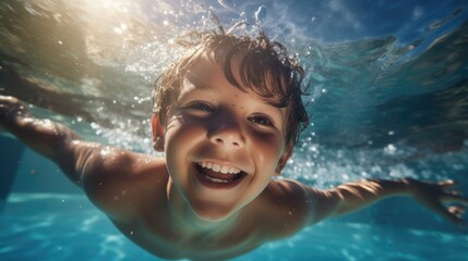 Cute smiling child having fun swimming and diving in the pool at the resort on summer vacation. Sun shines under water and sparkling water reflection. Activities and sports to happy kid - obrazy, fototapety, plakaty
