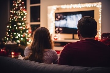 A couple sitting on a sofa, watching TV on Christmas night, captured from behind. - obrazy, fototapety, plakaty