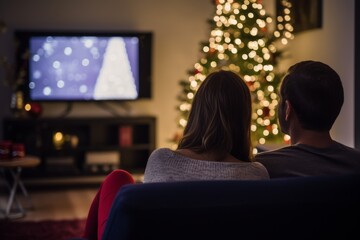 A couple sitting on a sofa, watching TV on Christmas night, captured from behind.
