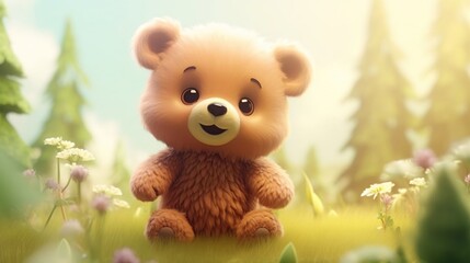 Obraz na płótnie Canvas Cute scene of a baby bear in nature, illustration in 3d cartoon style. Created with Generative Ai technology.