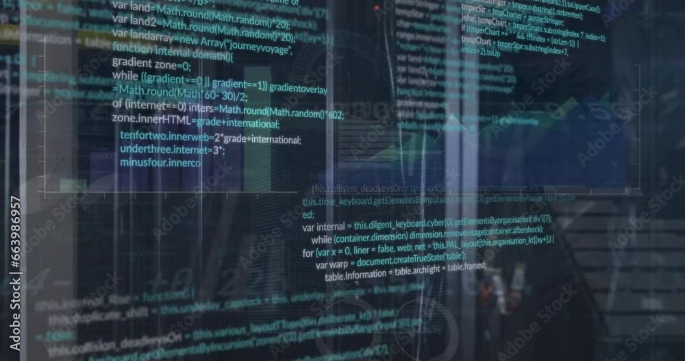 Poster animation of graphs, computer language over data server room