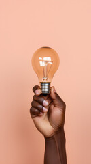 Closeup of a hand holding an incandescent light bulb. creative business ideas Idea inspired by a light bulb on pink background. Successful concept.