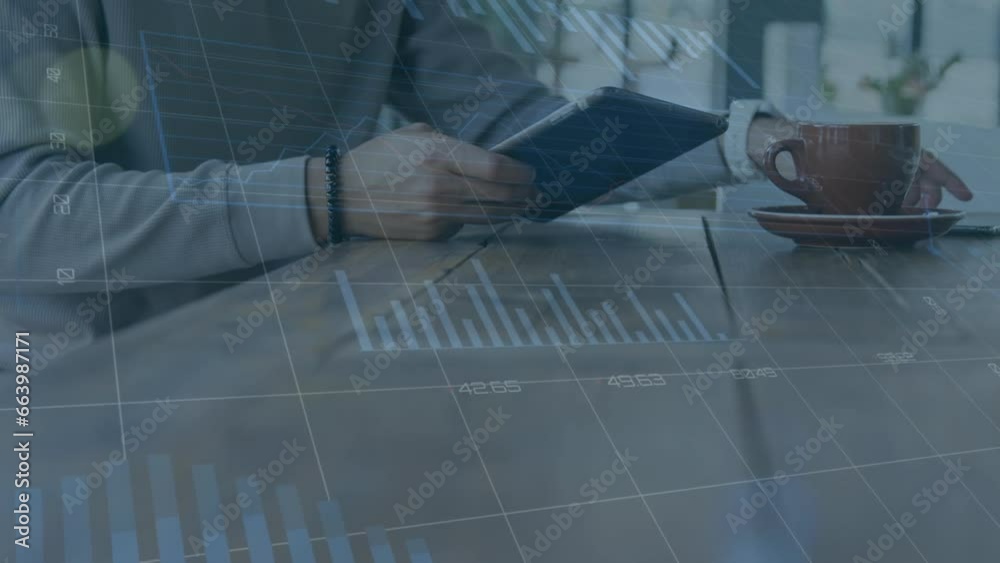 Poster animation of multiple graphs with changing number, caucasian man using cellphone and digital tablet