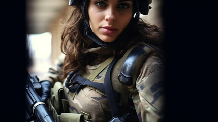 Fototapeta na wymiar Female soldien. A portrait of a woman serving in military.
