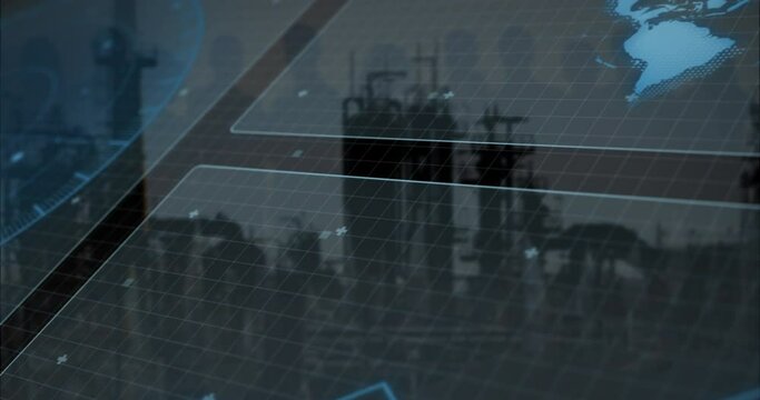 Animation of radar, graph and globe over factory against sky