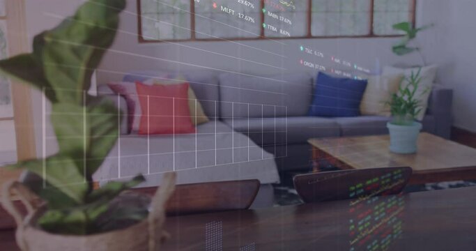 Animation of multiple graphs, changing numbers and trading boards, close up of plant in home