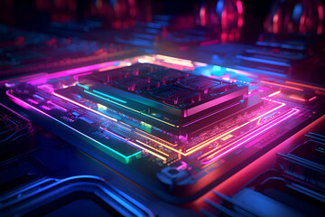 Supercomputer CPU and GPU, circuits mother board interconnection with  neon glowing light - obrazy, fototapety, plakaty